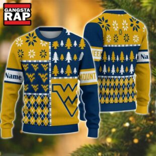 NCAA West Virginia Mountaineers Football Team Xmas Tree Snow Custom Name Ugly Christmas Sweater