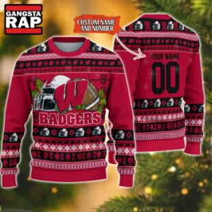 NCAA Wisconsin Badgers Football Team Custom Name Number New Ugly Christmas Sweater