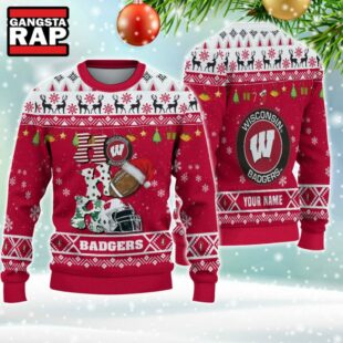 NCAA Wisconsin Badgers Football Team HO HO HO Santa Claus Ugly Christmas Sweater