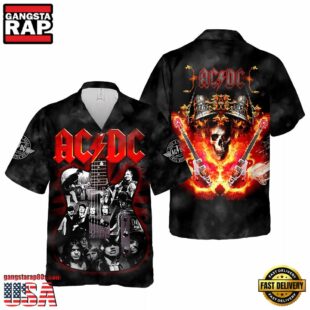 ACDC Rock Band Merch Art Guitar Shape And Skull Art Hawaiian Shirt