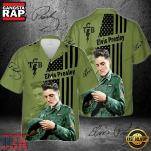 Elvis Presley Taking Care of Business Army Green Unisex Hawaiian Shirt