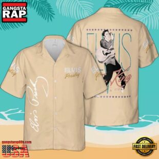 Elvis Presley Tan Unisex Hawaiian Shirtwith Guitar Image