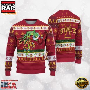 Iowa State Cyclones Merry Christmas Grinch Hand NCAA Ugly Christmas Sweater