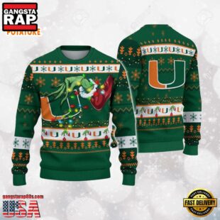 Miami Hurricanes Merry Christmas Grinch Hand NCAA Ugly Christmas Sweater