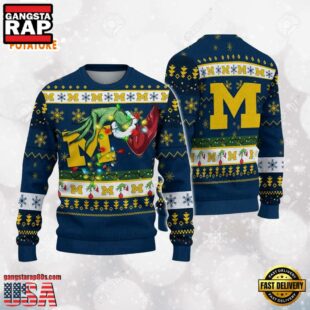 Michigan Wolverines Merry Christmas Grinch Hand NCAA Ugly Christmas Sweater