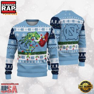 North Carolina Tar Heels Merry Christmas Grinch Hand NCAA Ugly Christmas Sweater