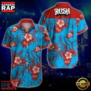 Rush Rock Band Red Flowers on Blue Hawaiian Shirt