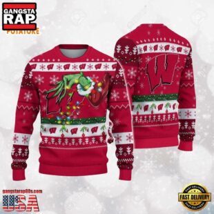 Wisconsin Badgers Merry Christmas Grinch Hand NCAA Ugly Christmas Sweater