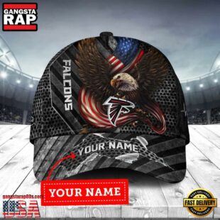 Custom Name Atlanta Falcons NFL Team Eagle US Flag Baseball Cap