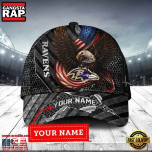 Custom Name Baltimore Ravens NFL Team Eagle US Flag Baseball Cap