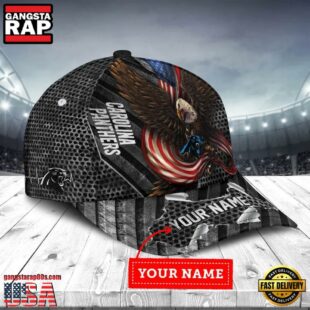 Custom Name Carolina Panthers NFL Team Eagle US Flag Baseball Cap