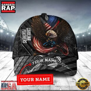 Custom Name Carolina Panthers NFL Team Eagle US Flag Baseball Cap