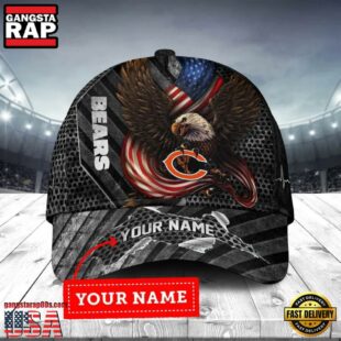 Custom Name Chicago Bears NFL Team Eagle US Flag Baseball Cap