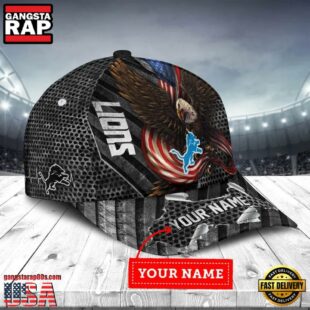 Custom Name Detroit Lions NFL Team Eagle US Flag Baseball Cap