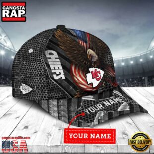 Custom Name Kansas City Chiefs NFL Team Eagle US Flag Baseball Cap