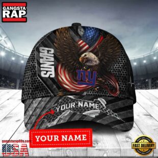 Custom Name New York Giants NFL Team Eagle US Flag Baseball Cap