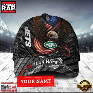 Custom Name New York Jets NFL Team Eagle US Flag Baseball Cap