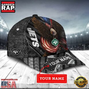 Custom Name New York Jets NFL Team Eagle US Flag Baseball Cap