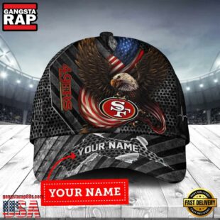 Custom Name San Francisco 49ers NFL Team Eagle US Flag Baseball Cap