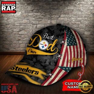 Custom NFL Pittsburgh Steelers Best Dad USA Flag All Over Print 3D Baseball Cap