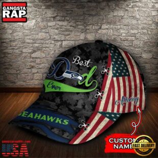 Custom NFL Seattle Seahawks Best Dad USA Flag All Over Print 3D Baseball Cap