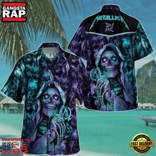 Metallica Rock Band Skull Purple Short Sleeve Aloha Shirt