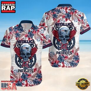 New England Patriots Nfl Skull And Flower Pattern Metallica Short Sleeve Aloha Shirt