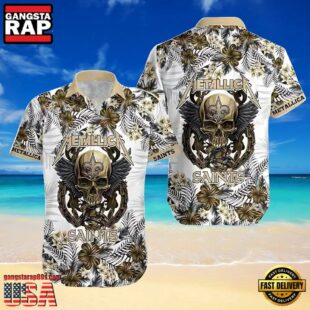 New Orleans Saints Metallica Skull And Tropical Flower Pattern Short Sleeve Aloha Shirt