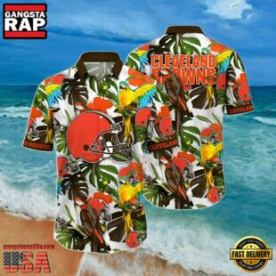 NFL Cleveland Browns Summer Hawaiian Shirt Tropical Bird and Leaf Pattern