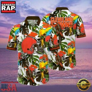 NFL Cleveland Browns Summer Hawaiian Shirt Tropical Bird and Leaf Pattern