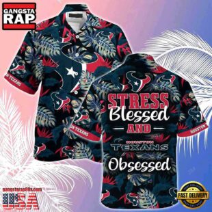 NFL Houston Texans Summer Beach Hawaiian Button Up Shirt Stress Blessed Obsessed