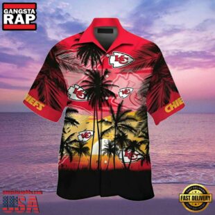 NFL KC Chiefs Hawaiian Shirt Mens Tropical Palm Tree Sunset