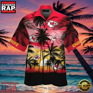 NFL KC Chiefs Hawaiian Shirt Mens Tropical Palm Tree Sunset