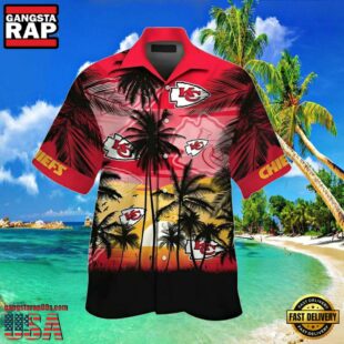 NFL KC Chiefs Hawaiian Shirt Mens Tropical Palm Tree Sunset