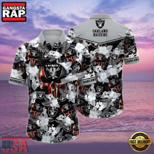 NFL Men's Raiders Hawaiian Shirt Skull Flowers Grey