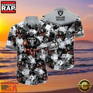 NFL Men's Raiders Hawaiian Shirt Skull Flowers Grey