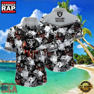 NFL Men's Raiders Hawaiian Shirt Skull Flowers Grey