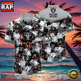 NFL Men's Raiders Hawaiian Shirt Skull Flowers Grey