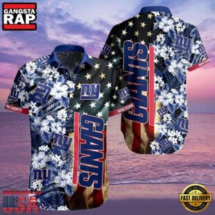 NFL New York Giants Hawaiian Shirt American Flag Flowers Design