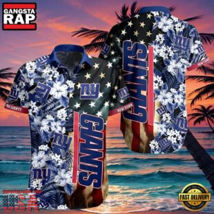 NFL New York Giants Hawaiian Shirt American Flag Flowers Design