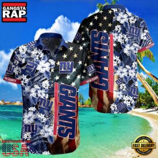 NFL New York Giants Hawaiian Shirt American Flag Flowers Design