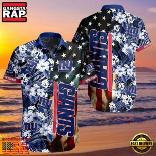 NFL New York Giants Hawaiian Shirt American Flag Flowers Design