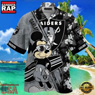 NFL Oakland Raiders Hawaiian Shirt Mickey And Floral Pattern