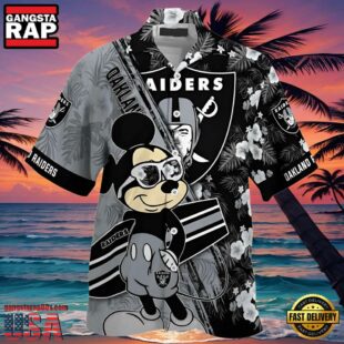 NFL Oakland Raiders Hawaiian Shirt Mickey And Floral Pattern