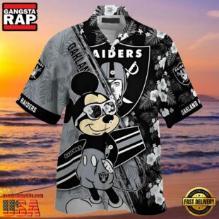 NFL Oakland Raiders Hawaiian Shirt Mickey And Floral Pattern