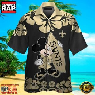 NFL Saints Hawaiian Shirt Mickey Mouse and Hibiscus Print