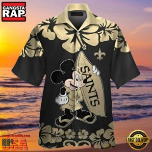 NFL Saints Hawaiian Shirt Mickey Mouse and Hibiscus Print