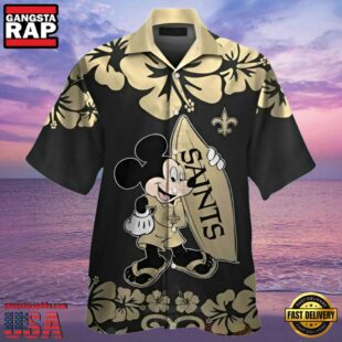 NFL Saints Hawaiian Shirt Mickey Mouse and Hibiscus Print