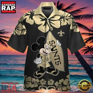 NFL Saints Hawaiian Shirt Mickey Mouse and Hibiscus Print