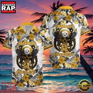 NFL Steelers Hawaiian Button Up Shirt Metallica Skull And Flower